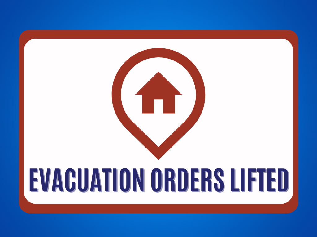 EVACUATION ORDERS LIFTED - icon depicting teardrop encircling house