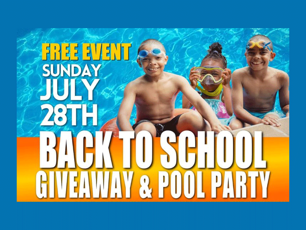 Back to School Giveaway and Pool Party, Sunday July 28, free event