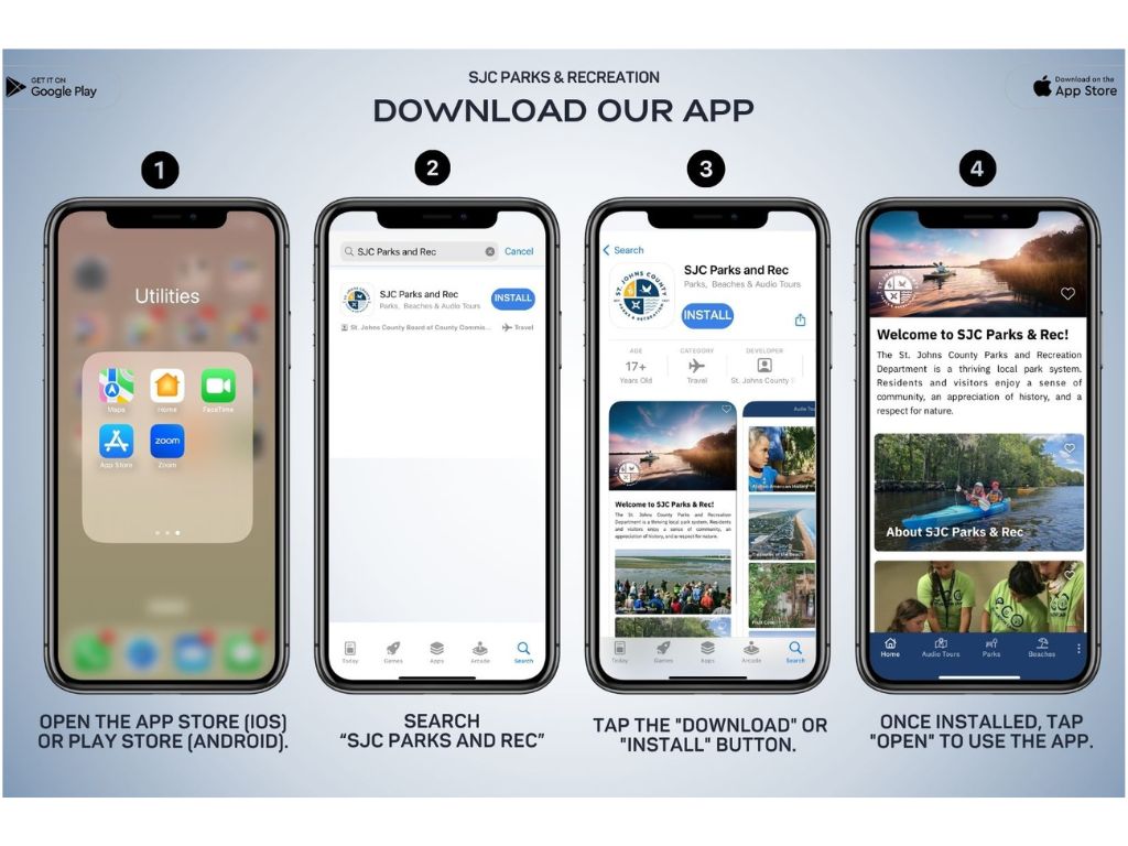 The four-step process of downloading the Parks and Recreation app.