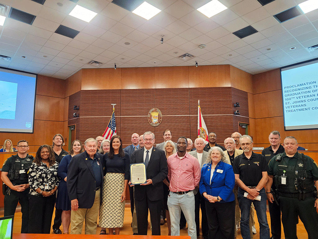 David Stevens, President of St. Johns County Professional Firefighters, during the moment of silence and the presentation of the proclamation for the Graduation of the 100th Veteran from St. Johns County Veterans Treatment Court.