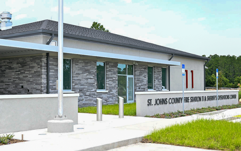 The front entrance of St. Johns County Fire Station 11 & Sheriff's Operations Center is pictured.