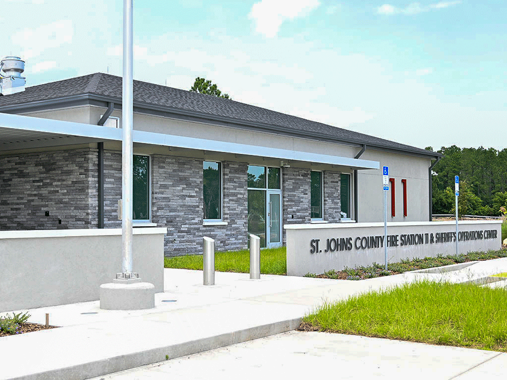 The front entrance of St. Johns County Fire Station 11 & Sheriff's Operations Center is pictured.