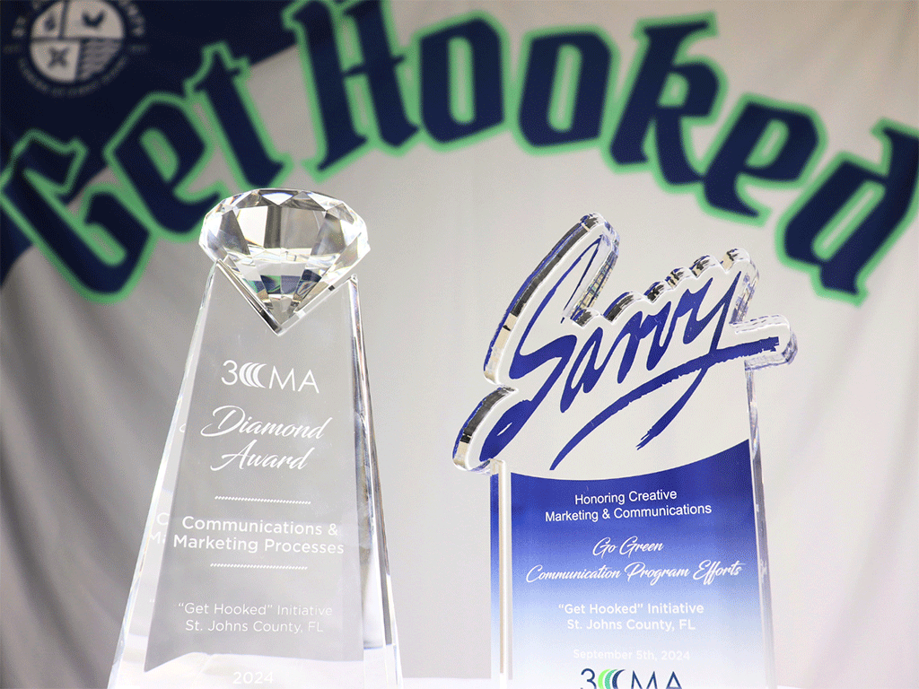 The Savvy Award in the Go Green Communication Program Efforts Division for the Get Hooked initiative and the Diamond Award for the Communications & Marketing Processes category in front of a banner with the St. Johns County Logo.