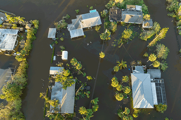 Aerial view of buildings flooded after a storm.