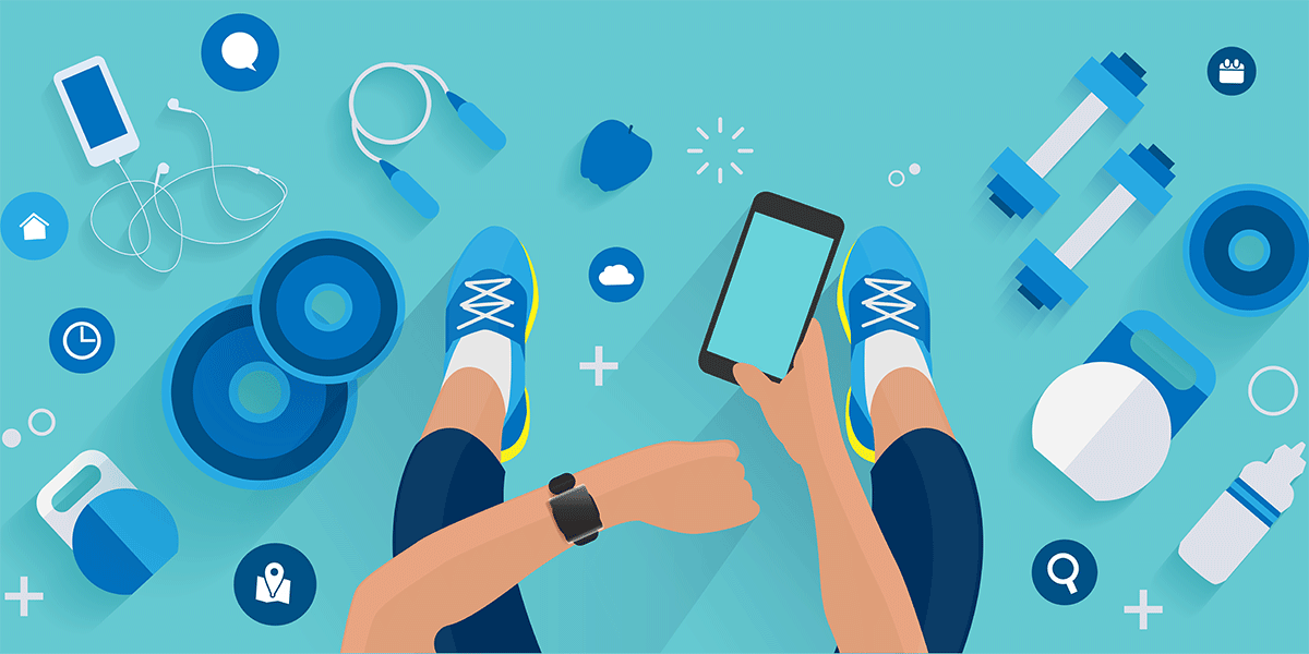 Illustration of fitness equipment and person in athletic shoes holding phone