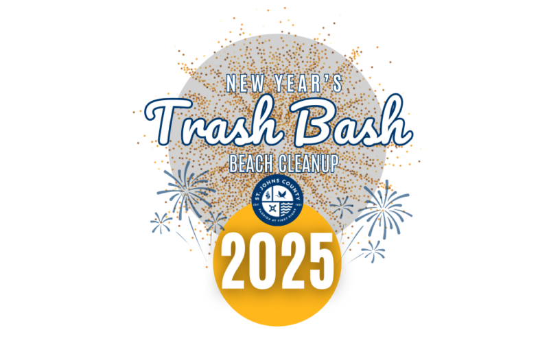 Fireworks with St. Johns County logo with text overlay saying New Year's Trash Bash Beach Cleanup 2025