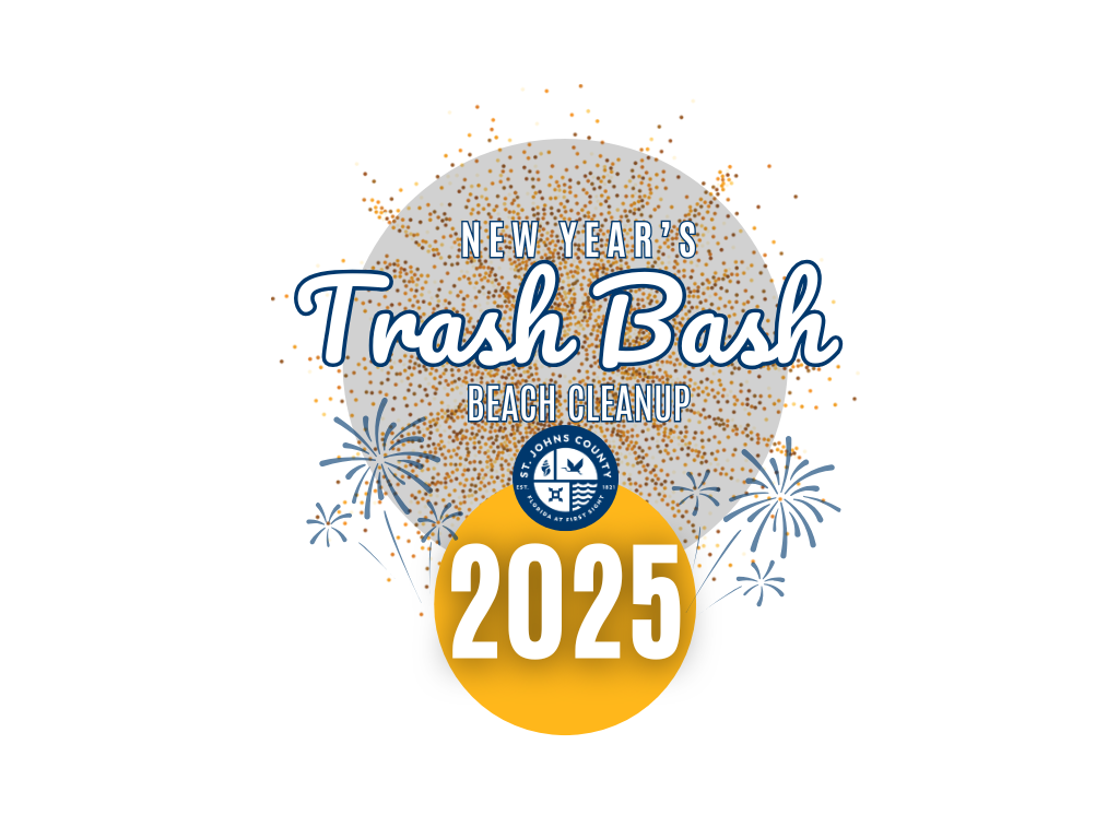 Fireworks with St. Johns County logo with text overlay saying New Year's Trash Bash Beach Cleanup 2025