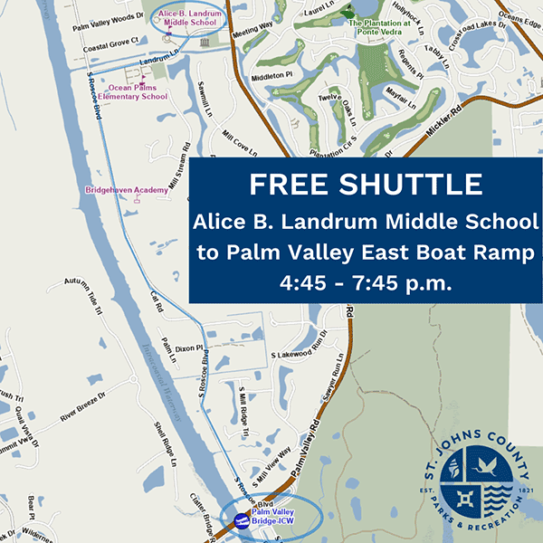 Shuttle map for the Palm Valley Boat Parade 2024, from Alice B. Landrum Middle School to Palm Valley East Boat Ramp.