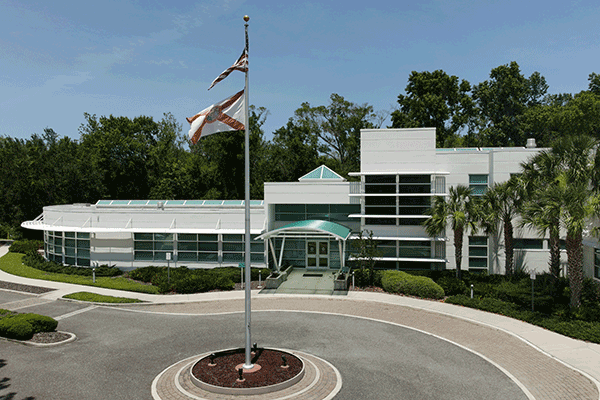 External view of the front of the Utility Building.