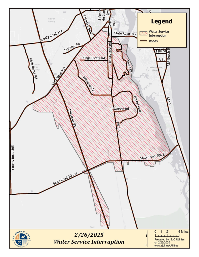 A map of the Southwestern portion of St. Johns County denoting where water pressure may be decreased