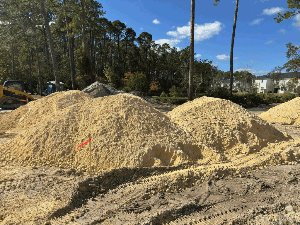 Piles of earth in front of construction vehicles in a park