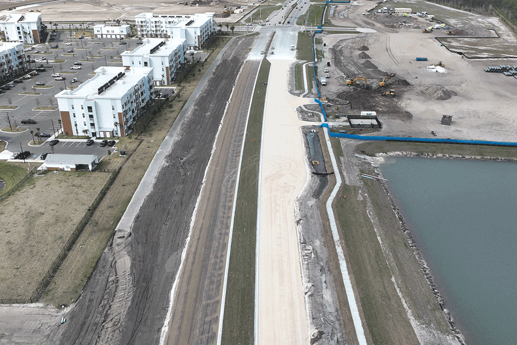 An aerial view of construction on the new County Road 2209 in St. Johns County Florida.