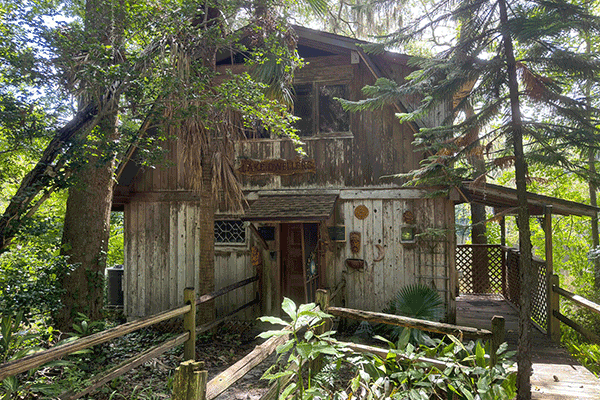 An old wooden lake house surrounded by greenery